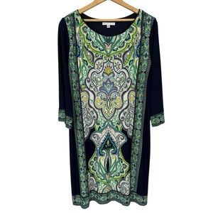 Sandra Darren 3/4 Sleeve Shift Dress Sz 14 Navy Multicolour Floral Paisley EUC